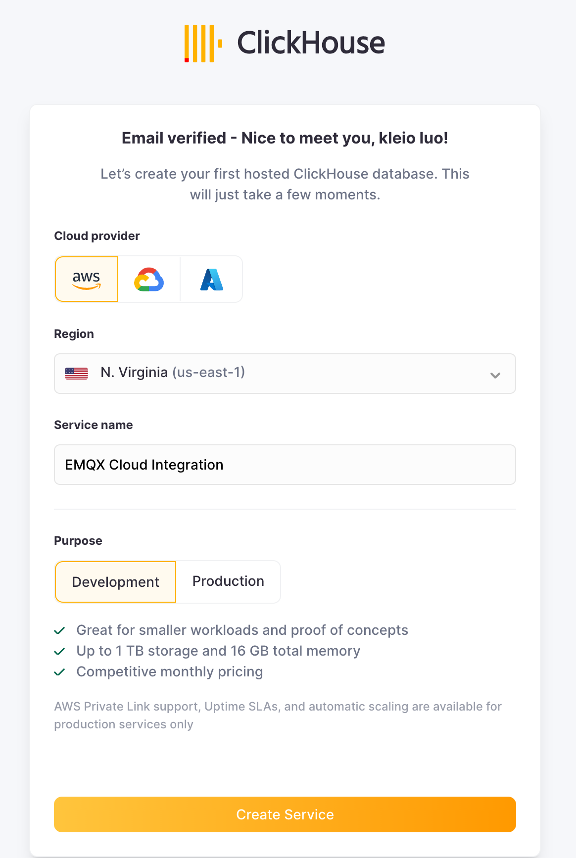 Интерфейс развертывания сервиса ClickHouse Cloud с выбором региона AWS
